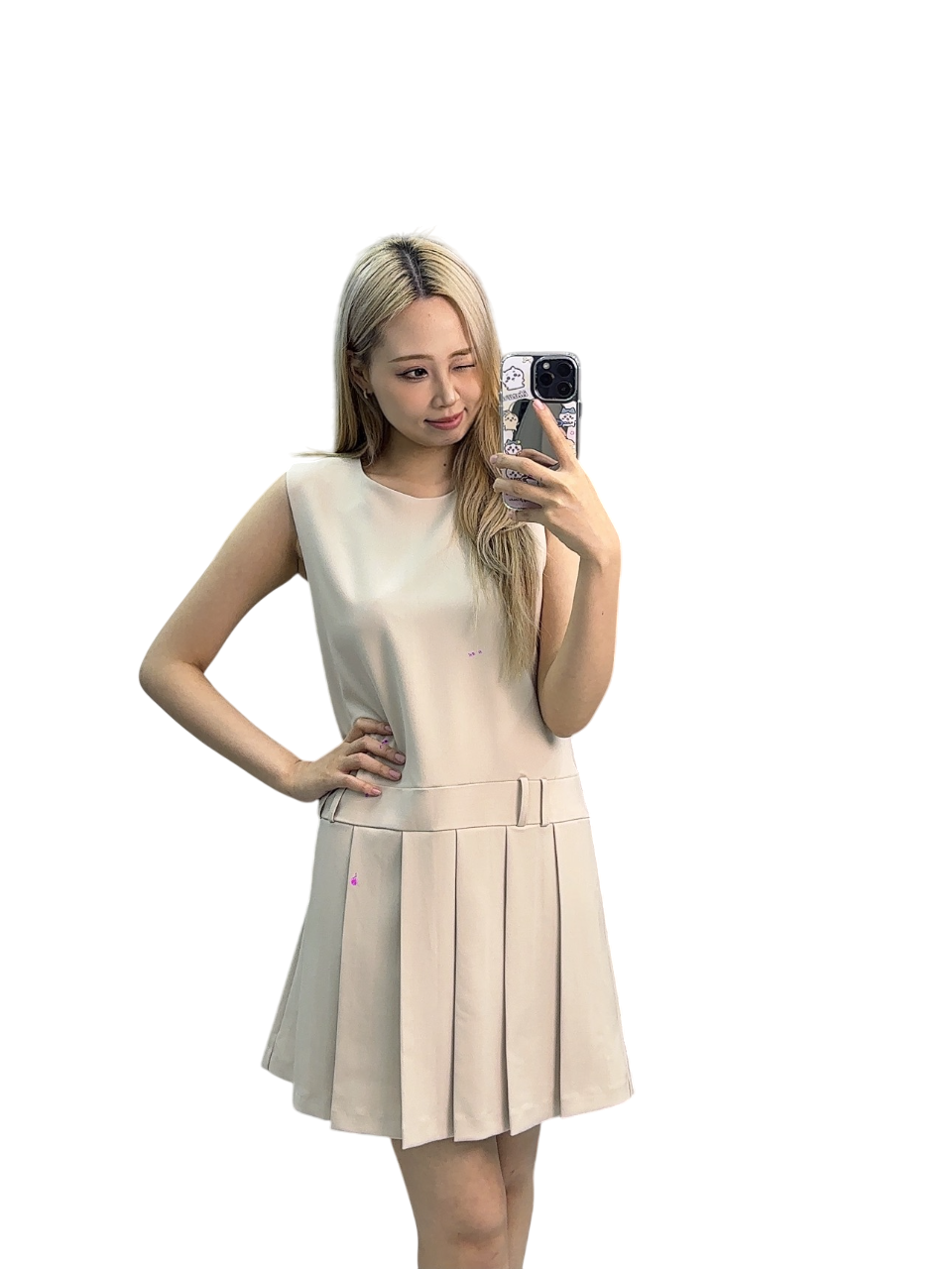 Beige Pleated Mini Dress - Elegant and Simple Office Style