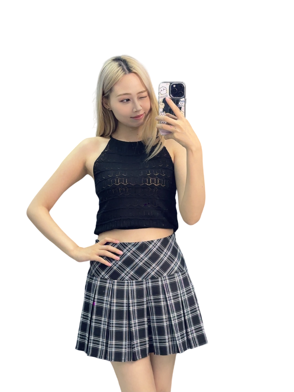 Black Crochet Halter Top with Plaid Pleated Skirt - Youthful Chic Set
