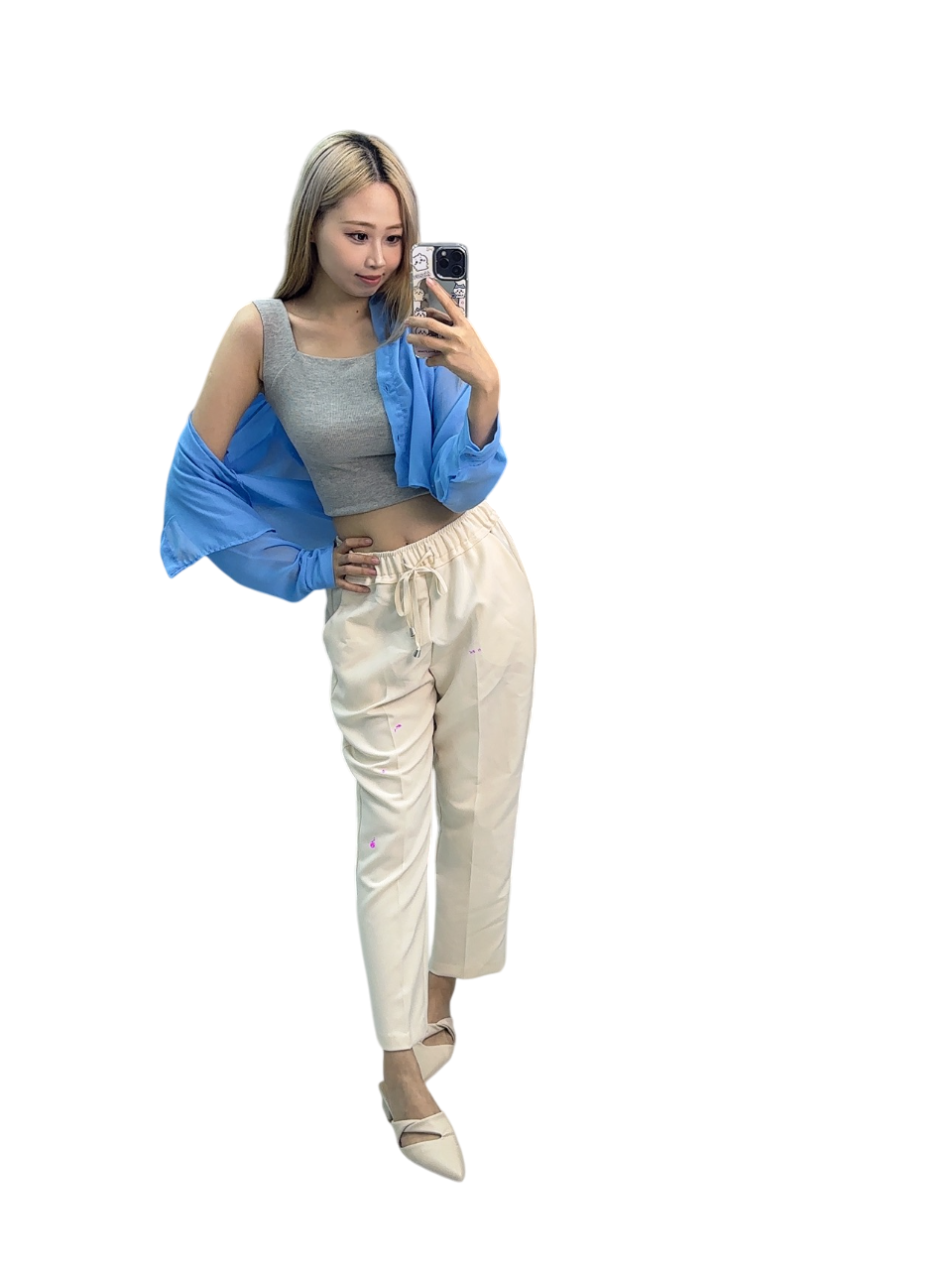 Grey Tank Top with Beige Casual Pants - Blue Sheer Jacket Chic Set