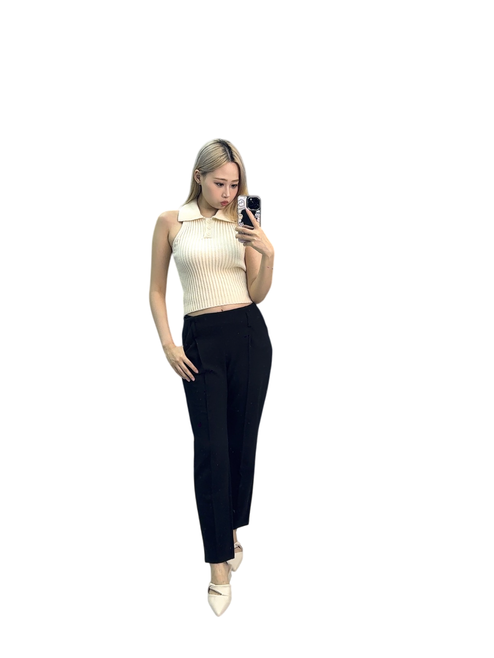 Elegant Beige Knit Top with Black High-Waist Pants - Chic Minimalist Set