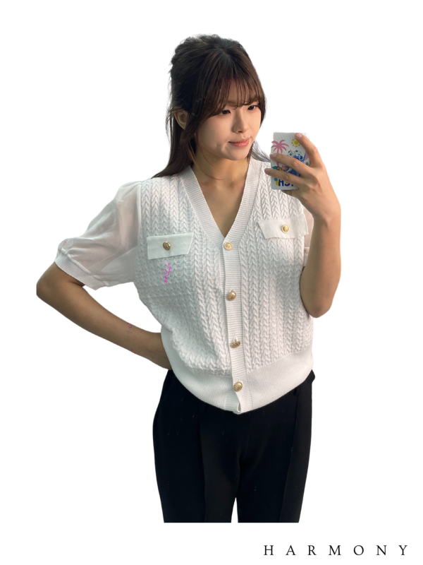 New Gold Button V-neck Knit Office Cardigan with Pants