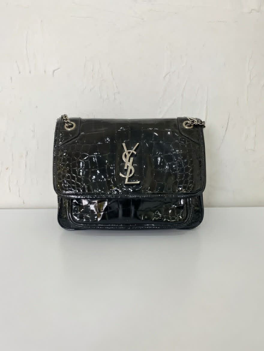 Saint Laurent Crocodile-Embossed Shoulder Bag (Black)