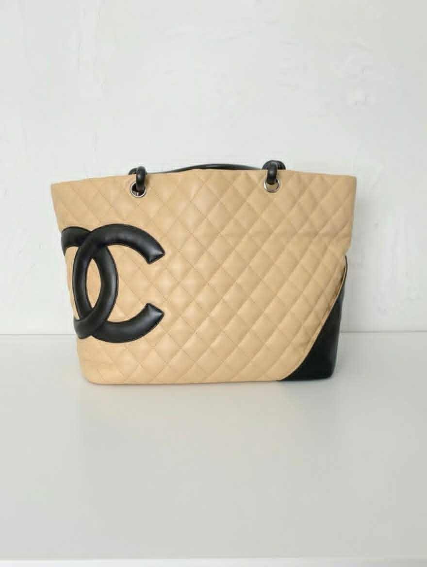 Chanel CC Logo Quilted Tote Bag (Beige/Black)