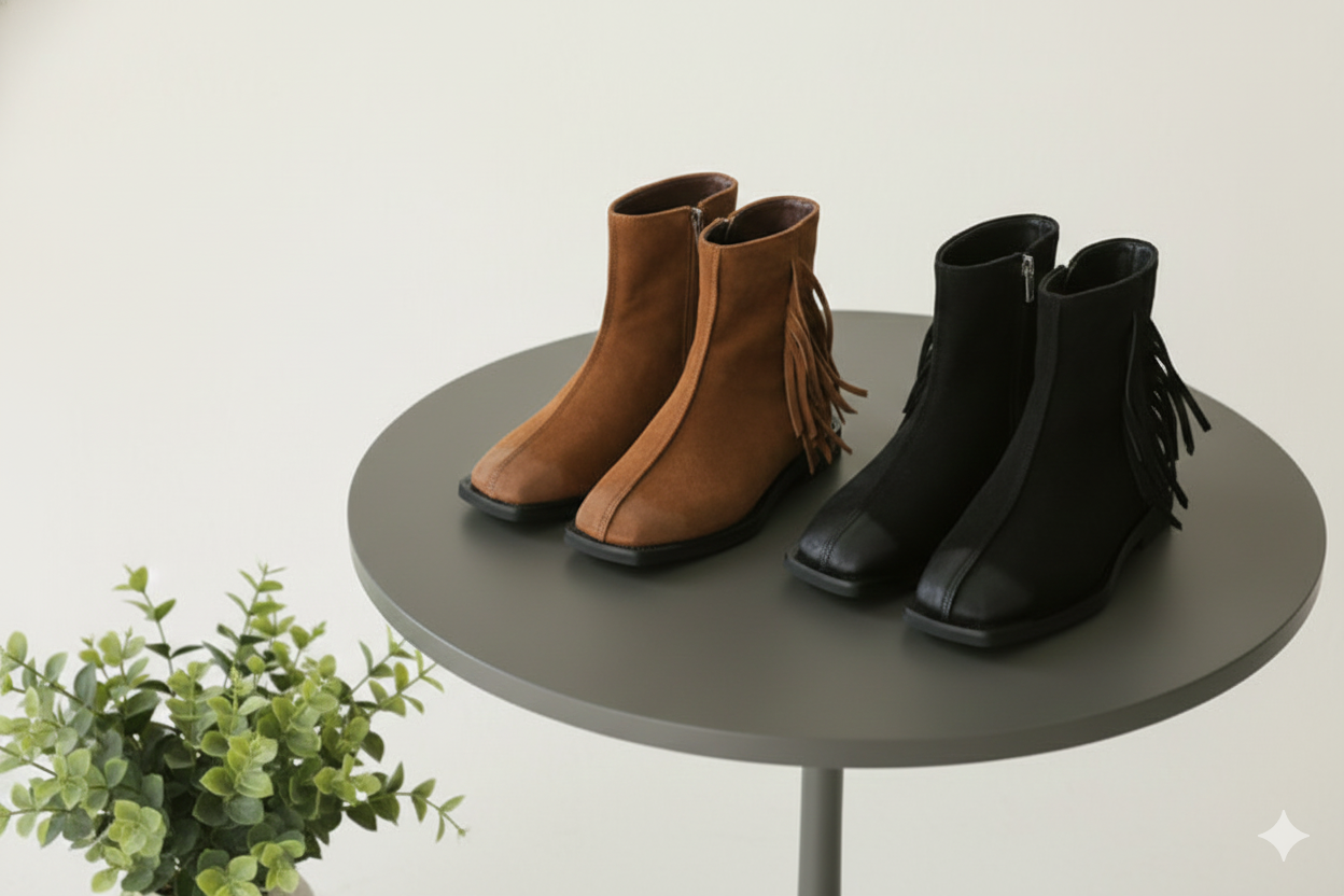 Natural Leather Ruched Point Ankle Boots