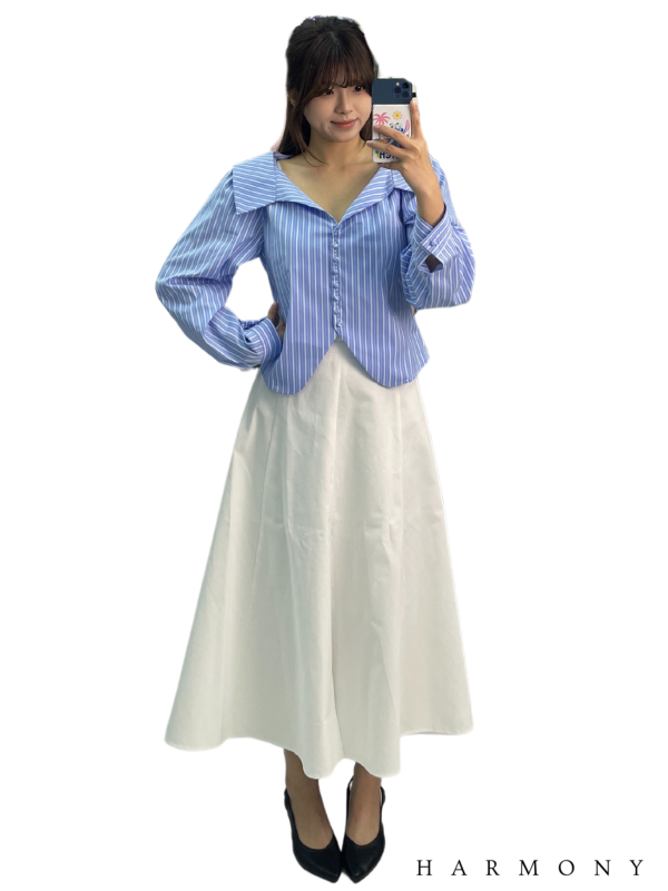 Big Collar Stripe Blouse with Maxi Skirt