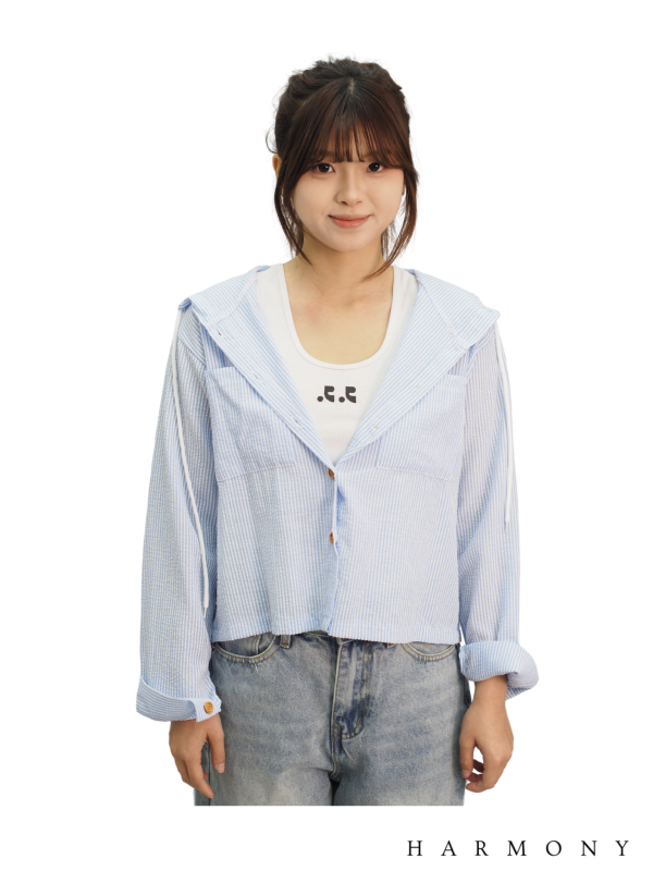 Viral Blue-White Striped Hoodie Crop