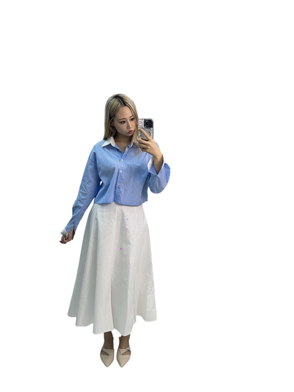 Blue and White Striped Shirt with White Long Skirt - Elegant Casual Set