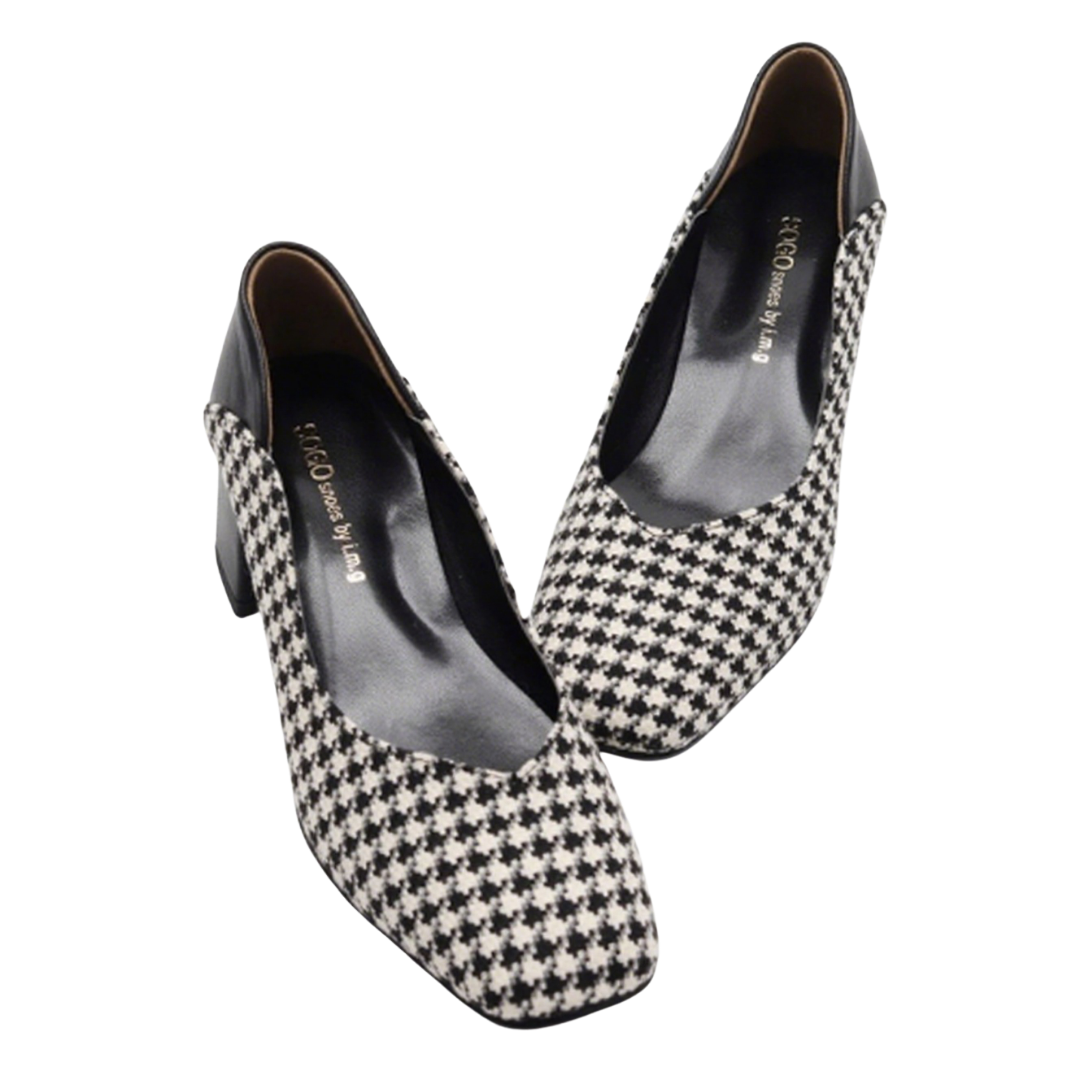 Korean Houndstooth Square Toe Heels
