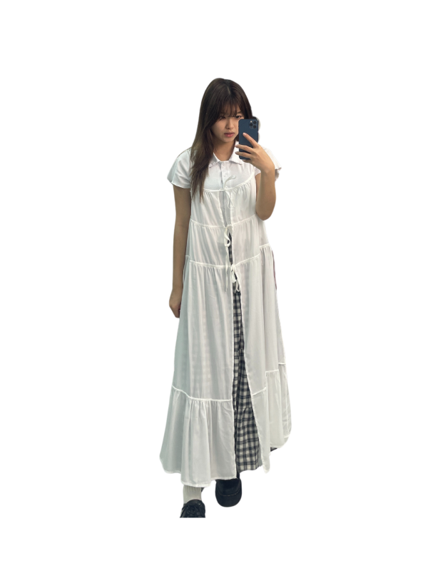 White Long Dress with Plaid Layering