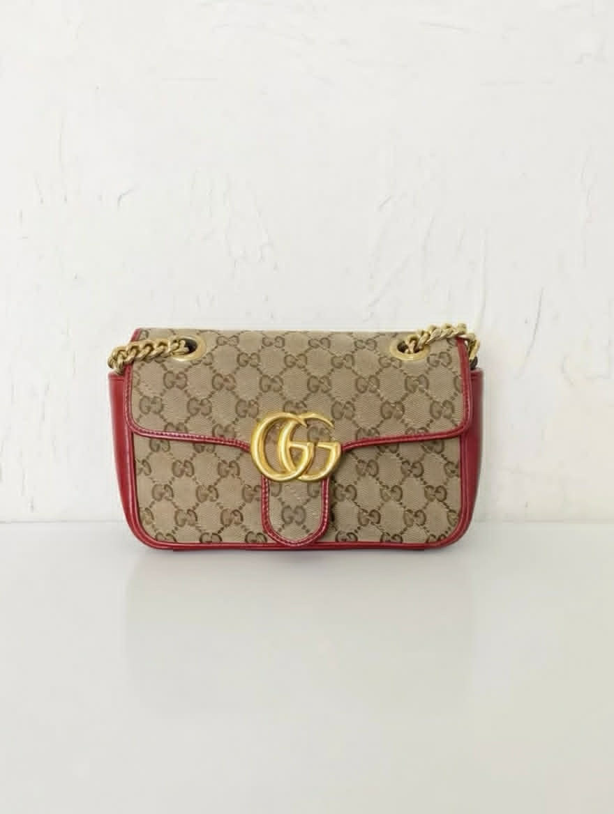 Gucci GG Marmont Small Shoulder Bag (GG Supreme Canvas / Red Trim)