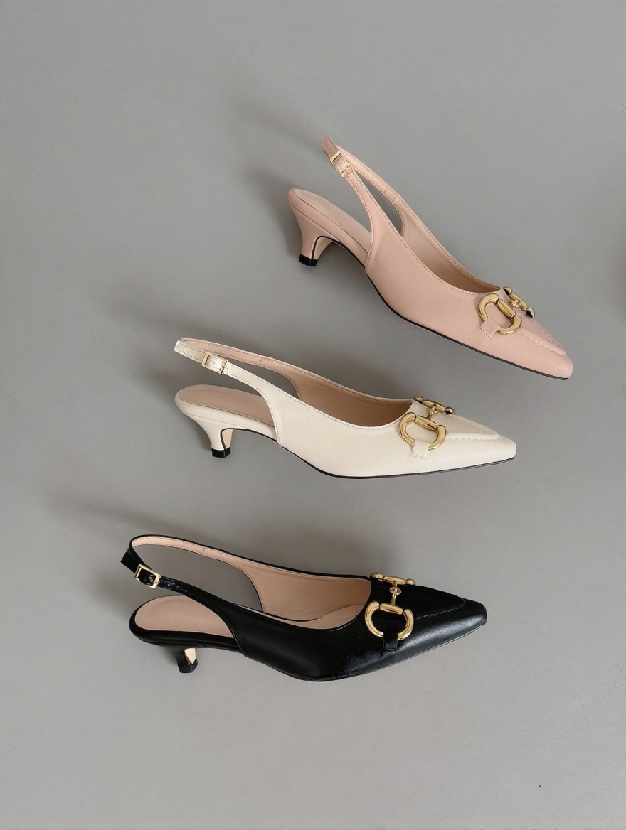Metal Buckle Pointed Toe Slingback Heels