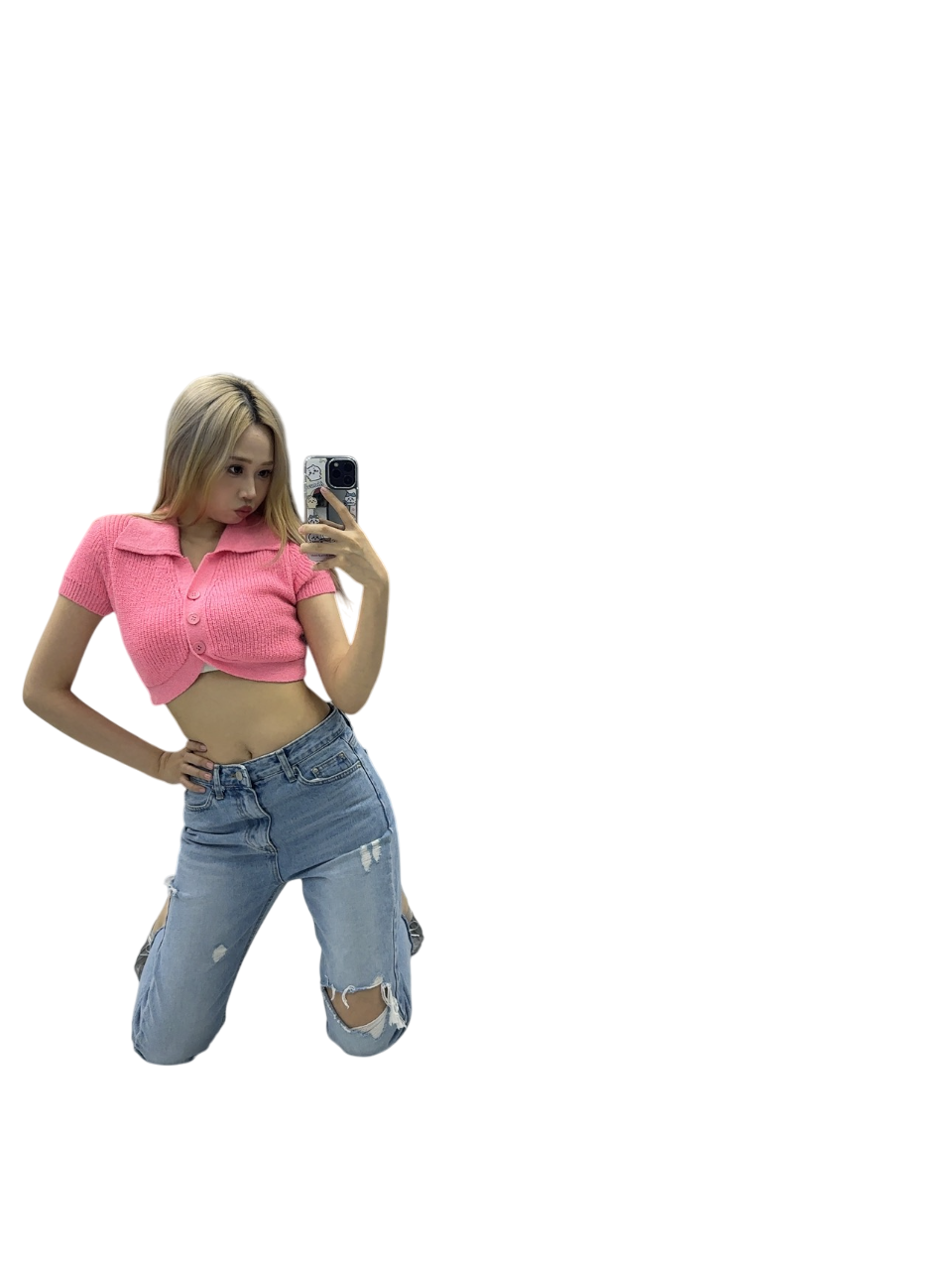 Playful Pink Knit Crop Top  with Slim-Fit Jeans