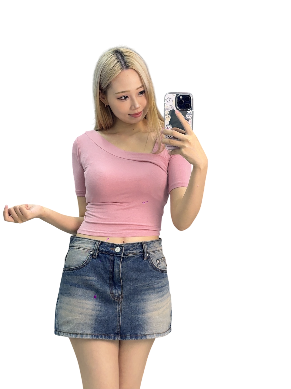 Pink Short-Sleeve Top with Denim Skirt - Youthful and Vibrant Summer Style